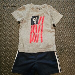Adidas Gray Tee with Red Stripes and Navy Shorts